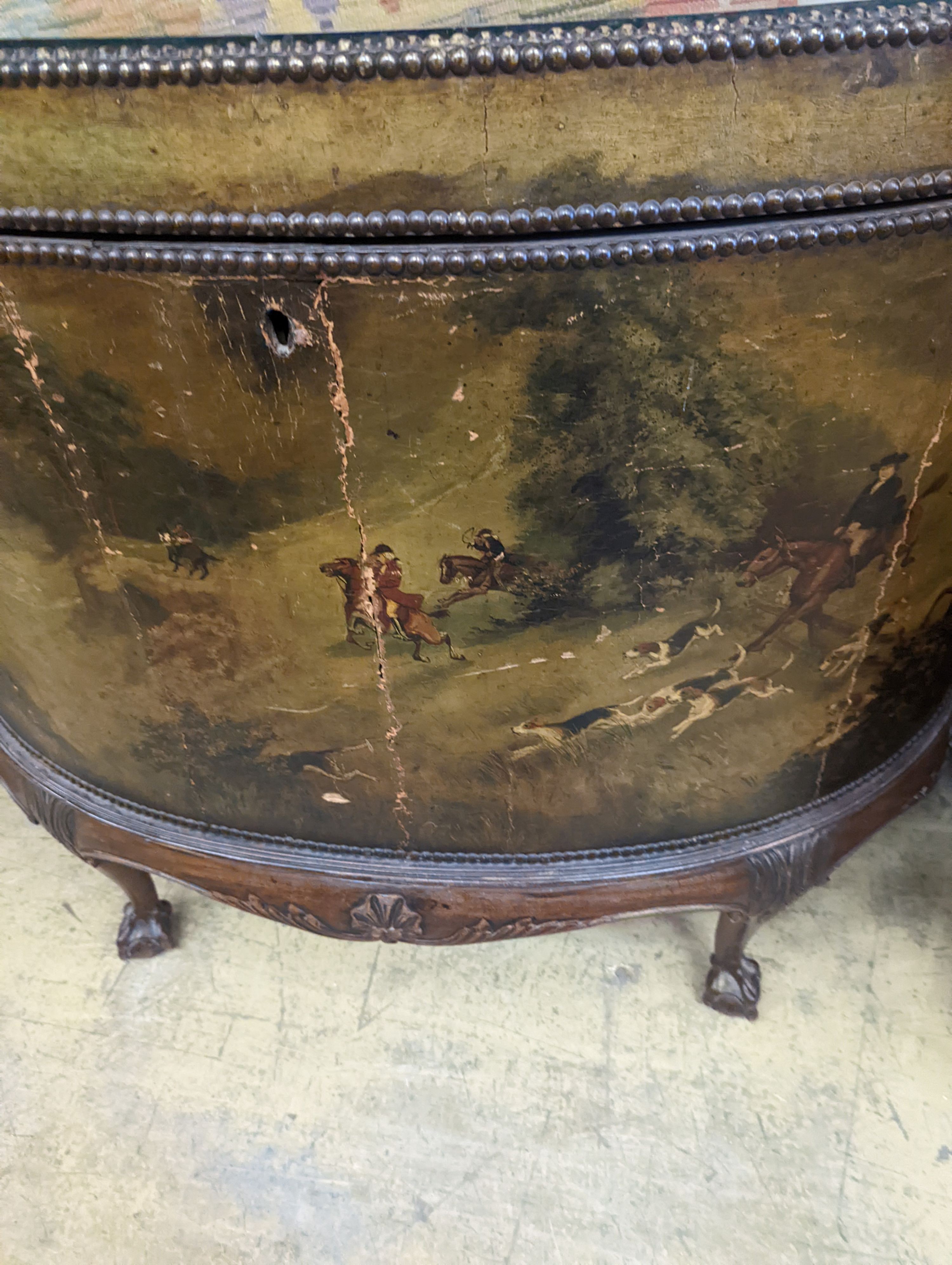 An early 20th century leather covered mahogany D shaped hinged top coffer painted with hunting scenes, length 114cm, depth 53cm, height 91cm